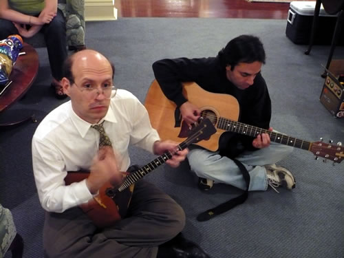 Post-wedding jam session in the hotel lobby