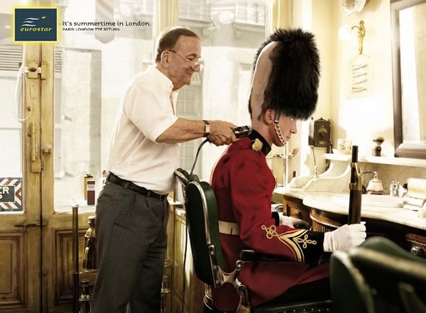Eurostar ad “Summertime in London” featuring a London Tower guard getting his head shaved.