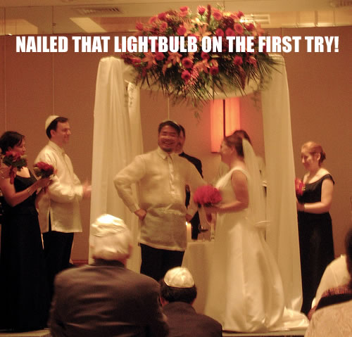 Photo from our wedding, captioned “Nailed that lightbulb on the first try!”