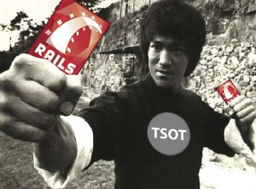 Bruce Lee, wearing a TSOT t-shirt and holding Ruby on Rails nunchuks.