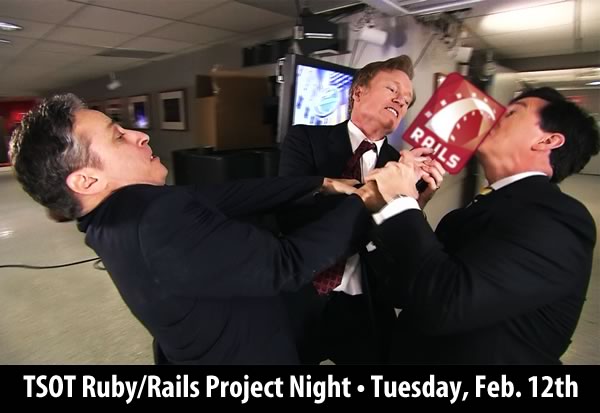 Jon Stewart, Conan O'Brien and Stephen Colbert fighting over a Rails logo