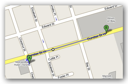 Map showing the path from the Metropolitan Hotel Toronto to the LCBO at the Atrium on Bay