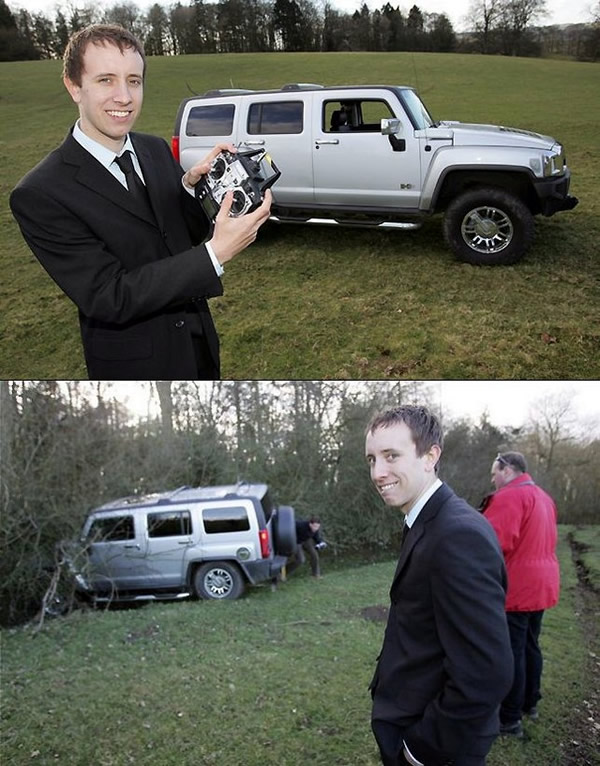 These look staged, but this remote control Hummer exists and the mishap 