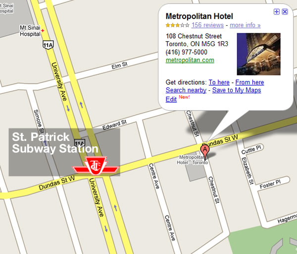 Map showing St. Patrick subway station and Metropolitan Toronto Hotel