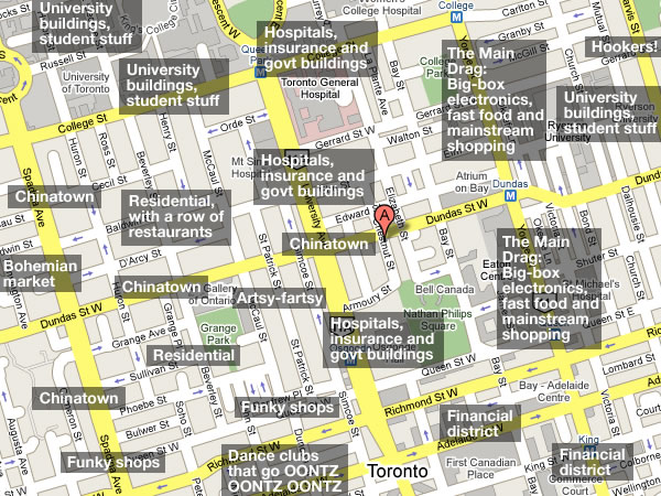 Annotated map of areas around Metropolitan Hotel Toronto