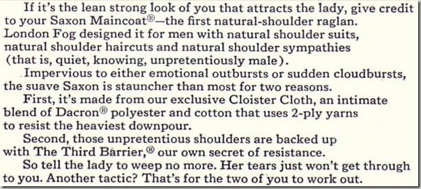 Close0up of the text from the "London Fog" ad in the October 1963 Playboy