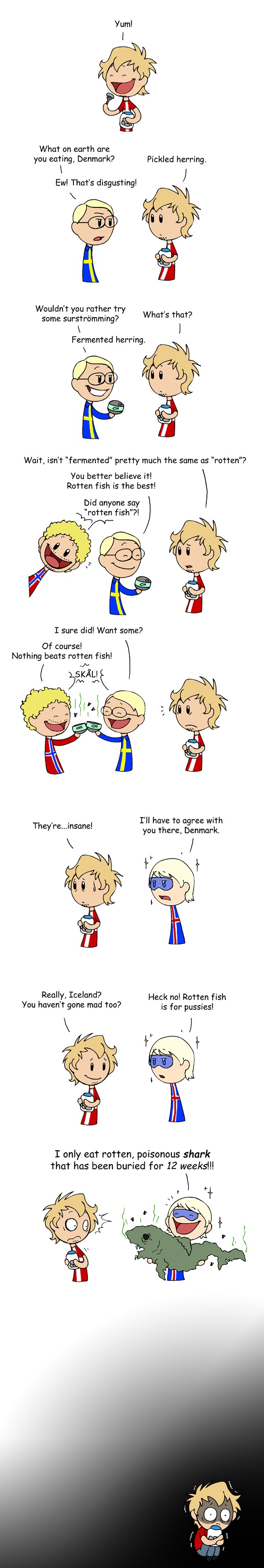 Comic featuring various Scandinavian countries (Denmark, Sweden, Norway and Iceland) and their preserved fish dishes