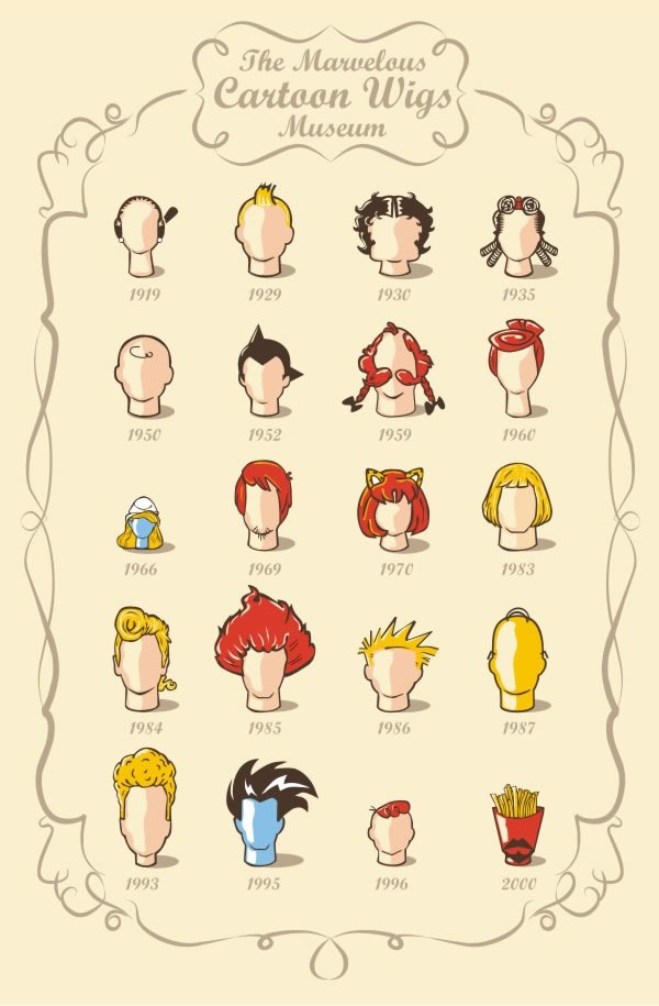Take a look at the hairstyles from the Cartoon Wigs Museum poster pictured 