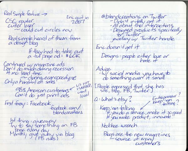 Scan of my handwritten notes from Geek Girl Dinner Ottawa, page 2