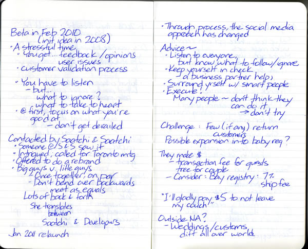 Scan of my handwritten notes from Geek Girl Dinner Ottawa, page 4