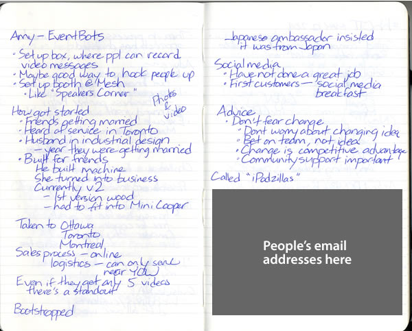 Scan of my handwritten notes from Geek Girl Dinner Ottawa, page 5