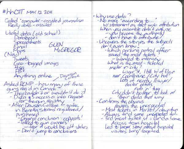 Scan of my handwritten notes from Hacks/Hackers Ottawa, page 1