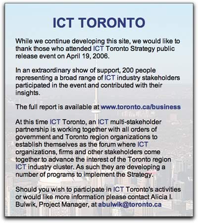 Screen capture of ICT Toronto's web site.