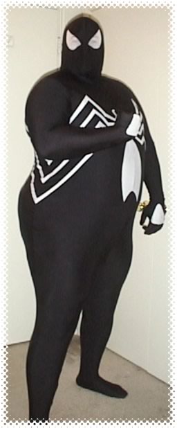 Tubby guy in a black Spider-Man suit.
