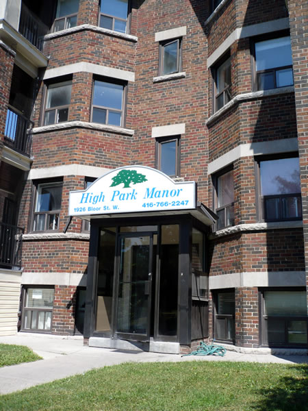 Facade of High Park Manor, on Bloor Street near High Park Avenue, Toronto.