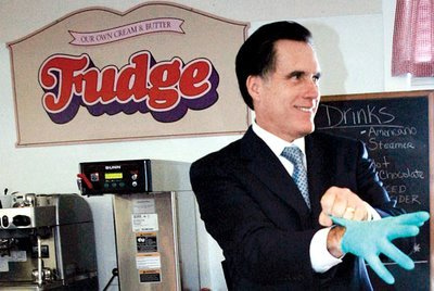 Mitt Romney at a fudge shop putting on a latex glove.