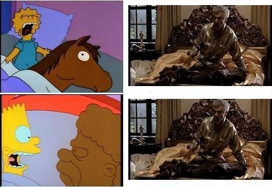 Simpsons stills referencing the “Horse’s head” scene in “The Godfather”