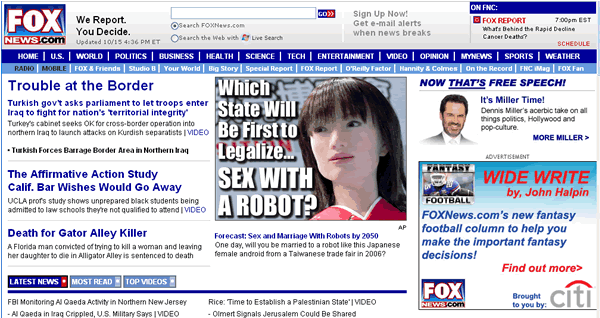 Screen capture of FoxNews.com with the banner “Which state will be the first to legalize sex with a robot?”