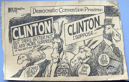 Editorial comic from 1992: Democratic convention attendees showing signs with half-hearted slogans like “Clinton, I suppose.”