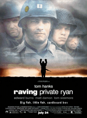 “Saving Private Ryan” poster, with solider’s silhouette raving, and flashing background