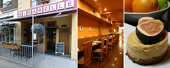 Montage of photos of Mirabelle: exterior, interior, dessert.