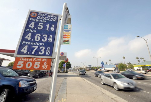 Gas prices sign in Los Angeles -- $4.52/gallon for regular, $4.64 for mid-grade, $4.74 for premium
