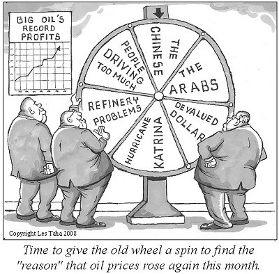 Editorial cartoon featuring executives spinning a big wheel to determine the \"reason\" oil prices rose this month