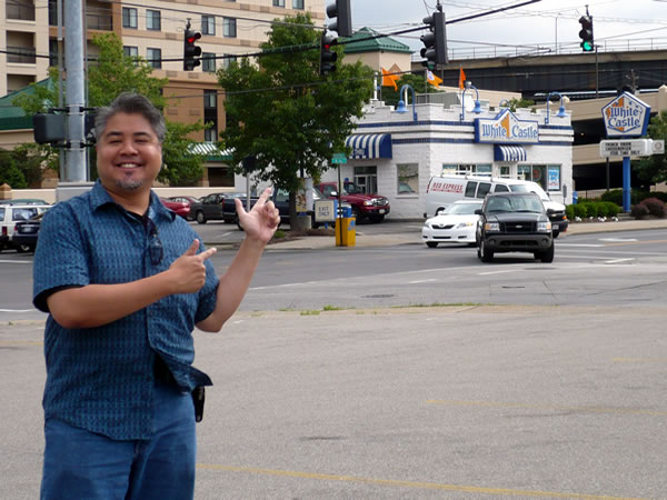 Joey deVilla standing in front of a White Castle