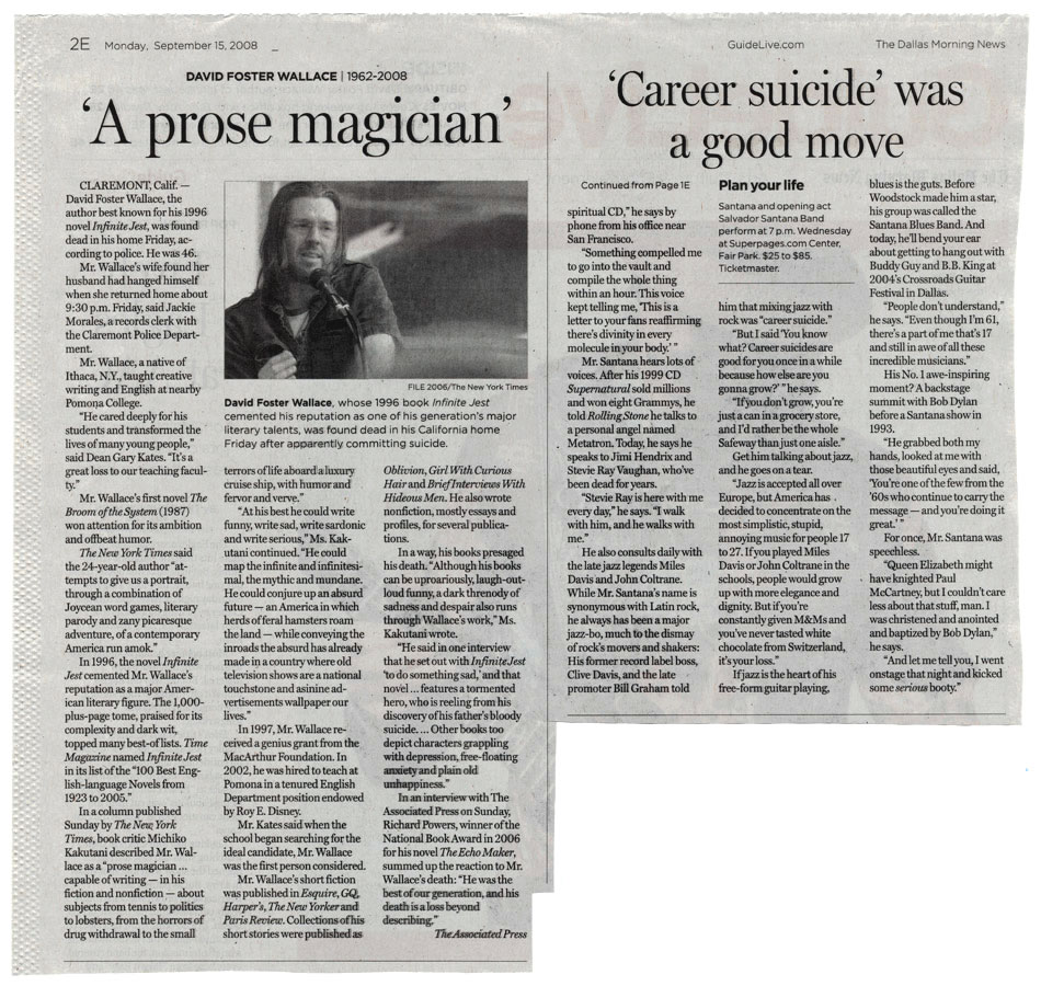 Two articles: one about David Foster Wallace's suicide beside an article titled "Career Suicide was a good move"
