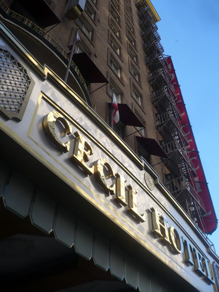 2. Exterior of the Hotel Cecil, showing its marquee sign