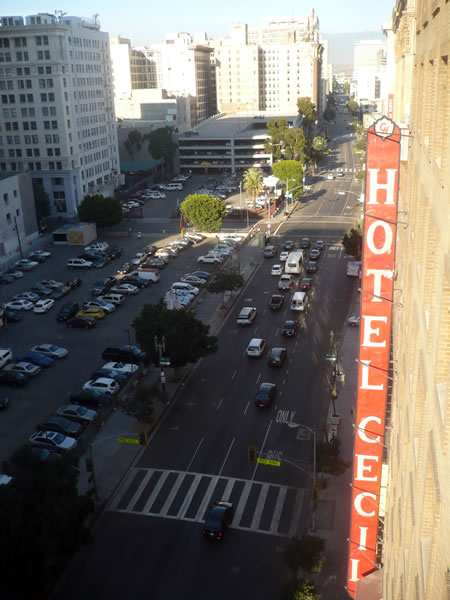 3. Exterior of the Hotel Cecil, showing its vertical sign as seen from the 11-story fire escape