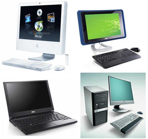 Four computers from the 2000s - a laptop, a couple of all-in-one-desktops and a desktop with a "box" -- all with flat screens