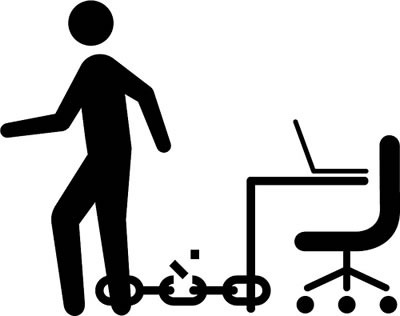 Stick figure, chained to desk, breaking the chain