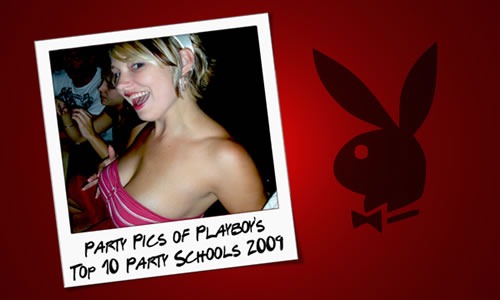 Young coed in skimpy halter top: "Party pics of Playboy's Top 10 Party Schools 2009"