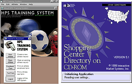 Splash screens for "HPS Training System" and "Shopping Center Directory on CD-ROM"