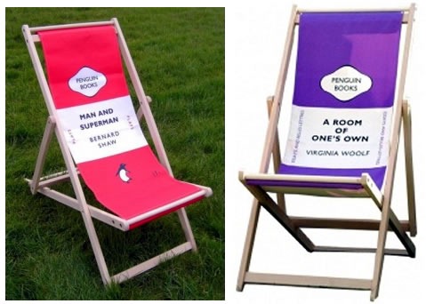 "Penguin Book" deck chairs -- deck chairs styled in the cover of Penguin Classics books -- "Man and Superman" by Shaw and "A Room of One's Own" by Woolf