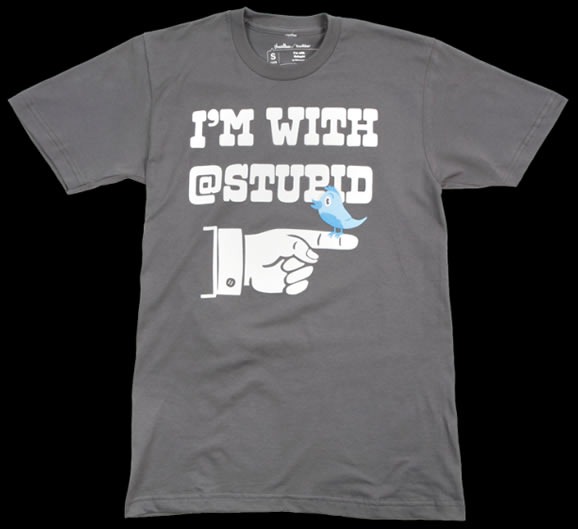 Grey t-shirt featuring a pointing finger with a Twitter bird on it: "I'm with @Stupid"