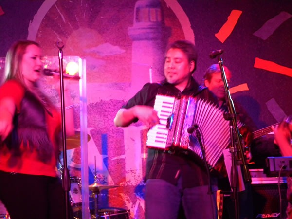 Joey deVilla playing accordion with Dayna and Jason from 3 Digit IQ at Cabo Wabo Vegas