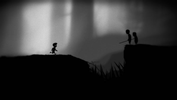 Limbo screenshot: the boy encounters a pit filled with spikes and two children bearing spears