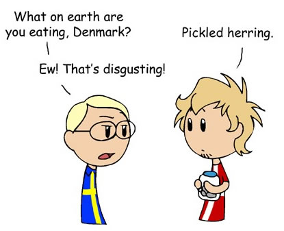 Comic featuring various Scandinavian countries (Denmark, Sweden, Norway and Iceland) and their preserved fish dishes