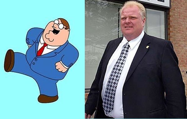 Side-by-side pictures of "Peter Griffin" from "Family Guy" and Rob Ford, both in blue suits.