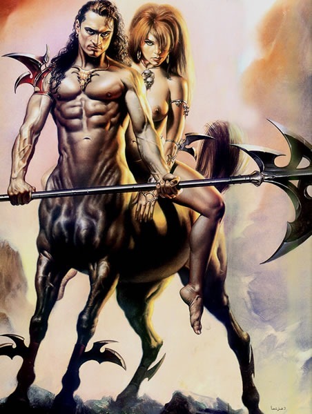 Boris Vallejo and Julie Bell paining of a nude woman riding a centaur. Sexxxxy!