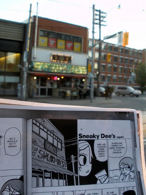 Sneaky Dee's: the real-world version in the background, and its close-to-real depiction in a Scott Pilgrim comic in the foreground