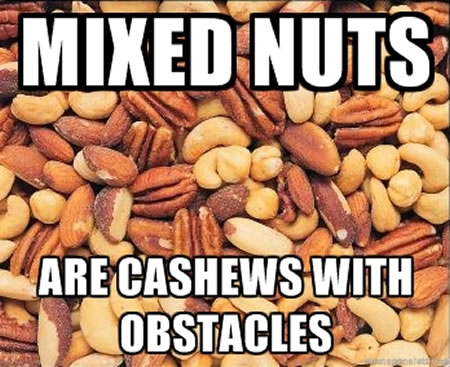 Photo of mixed nuts: 'Mixed nuts are cashews with obstacles.'