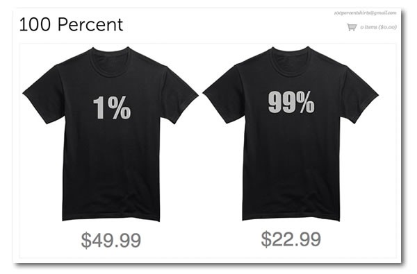 Screenshot of the 100 Percent online shop, featuring the shop's only two items: a "1%" T-shirt selling for $49.99 and a "99%" T-shirt selling for $22.99.