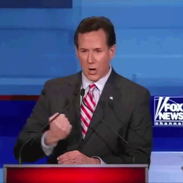 Animated gif of Rick Santorum looping so that it looks like he's making the "jerk off" motion with his hand. The FOX News Channel logo is in the background.