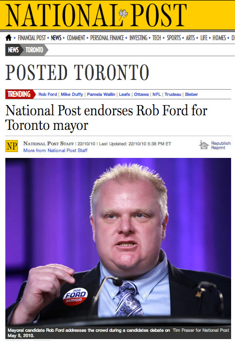 national post endorses rob ford