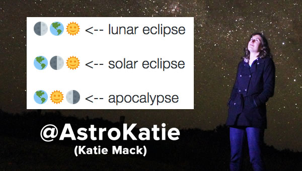 Headline: @AstroKatie (Katie Mack) / Photo: Katie Mack standing against a starry night sky, with her Twitter joke.