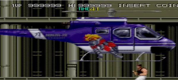 Gameplay scene from 'Bad Dudes vs. Dragon Ninja' videogame. The player fights the final boss on a helipad.