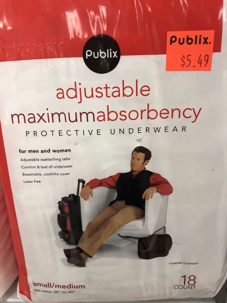 Seen on the Publix clearance shelf The unhappiest adult diaper model